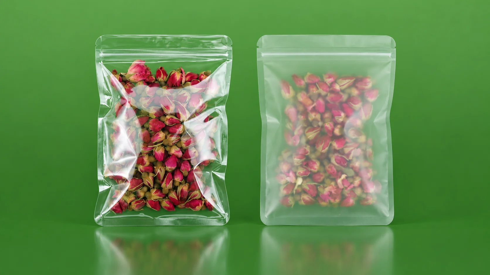 Side-by-side clear gloss and frosted matt zipper pouches filled with rosebuds
