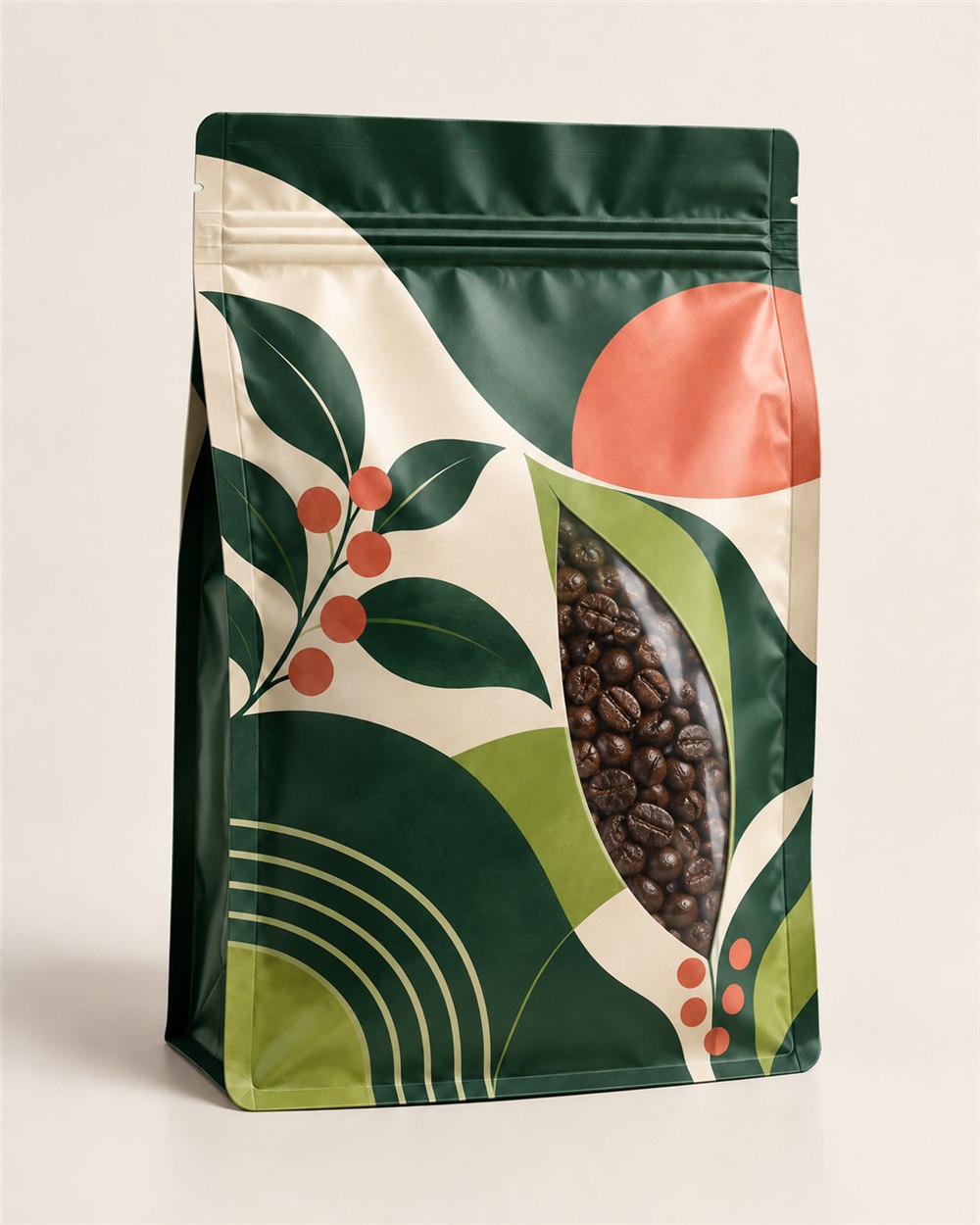 Printed stand-up zipper pouch with a clear leaf-shaped window showing coffee beans