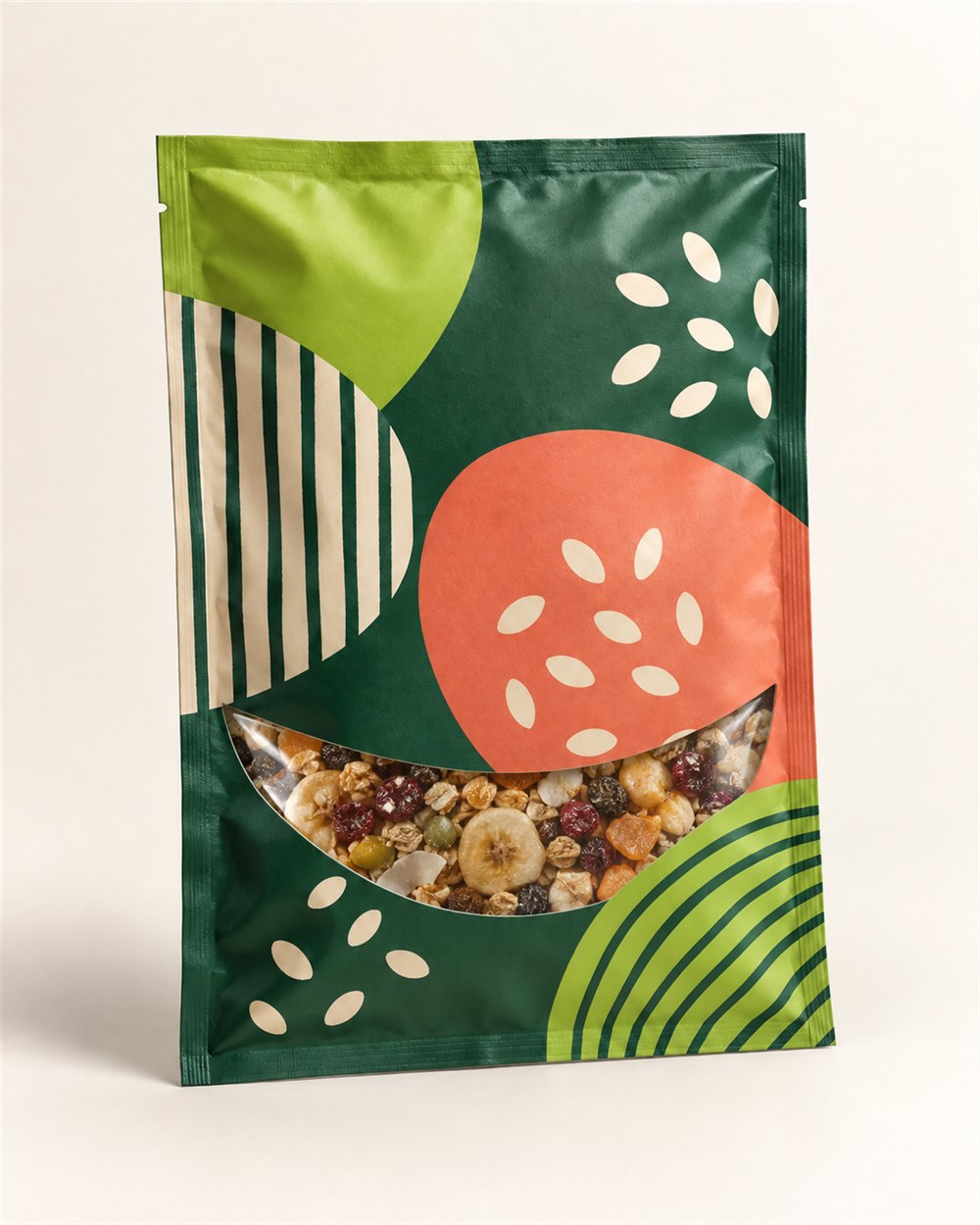 Printed three-side-seal pouch with a curved clear window showing dried fruit and granola